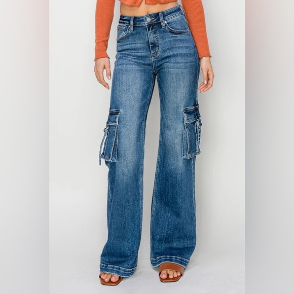Risen Jeans Pants - Risen Jeans Dark Stone Wash High-Rise Wide Leg Cargo Jeans Size 27 Y2K Revival